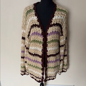 Listicle Chunky Knit Oversized Cardigan in Cream and Purple - Size Small